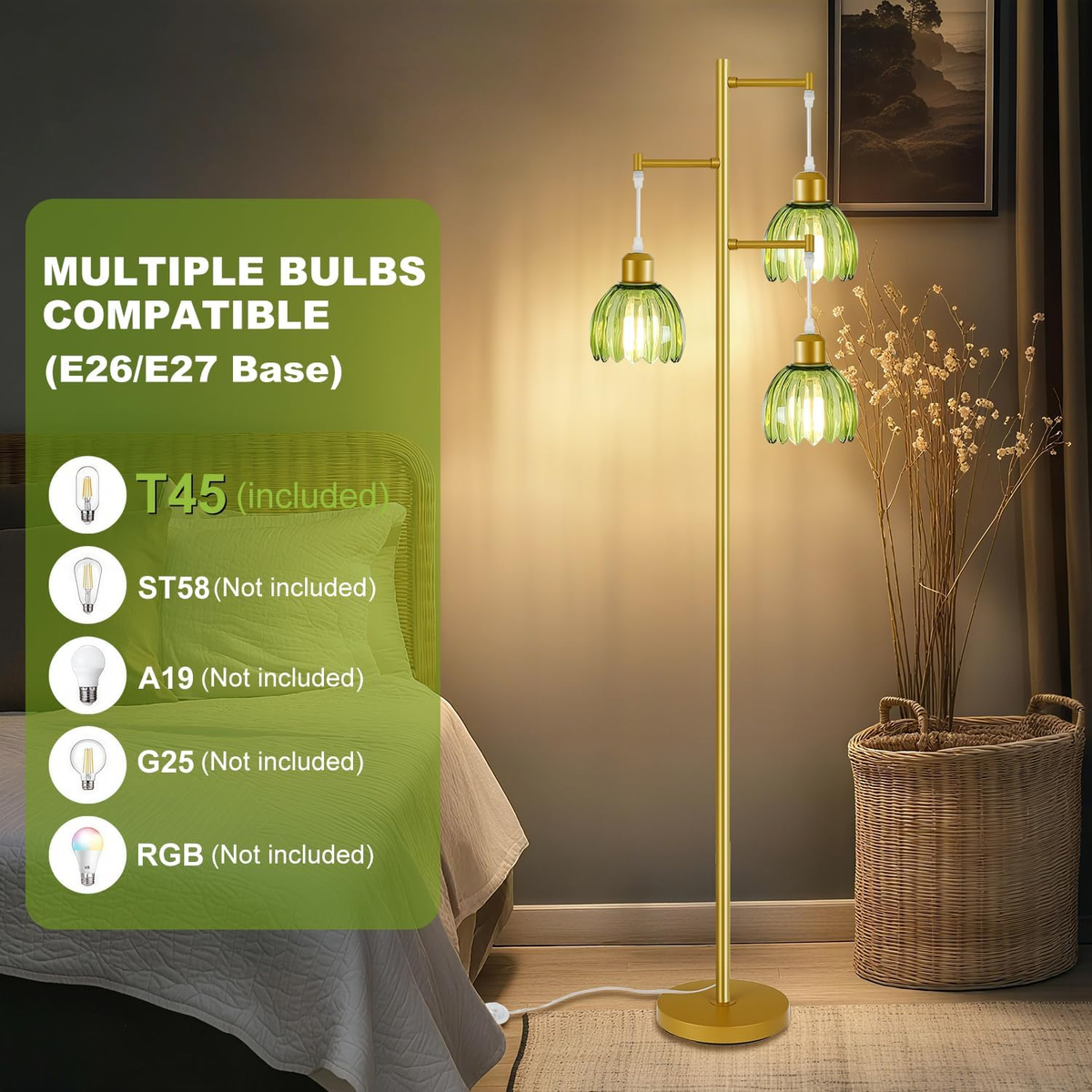 Modern 3-Light Flower Floor Lamp with Foot Switch & Glass Shades