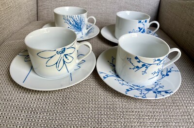 Rosanna Set 4 Tassen und Untertassen blau weiß hübsches Blumenmuster