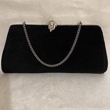 Vintage Black Clutch Bag Purse, Chain Handle, Metal/Rhinestone Closure, 11