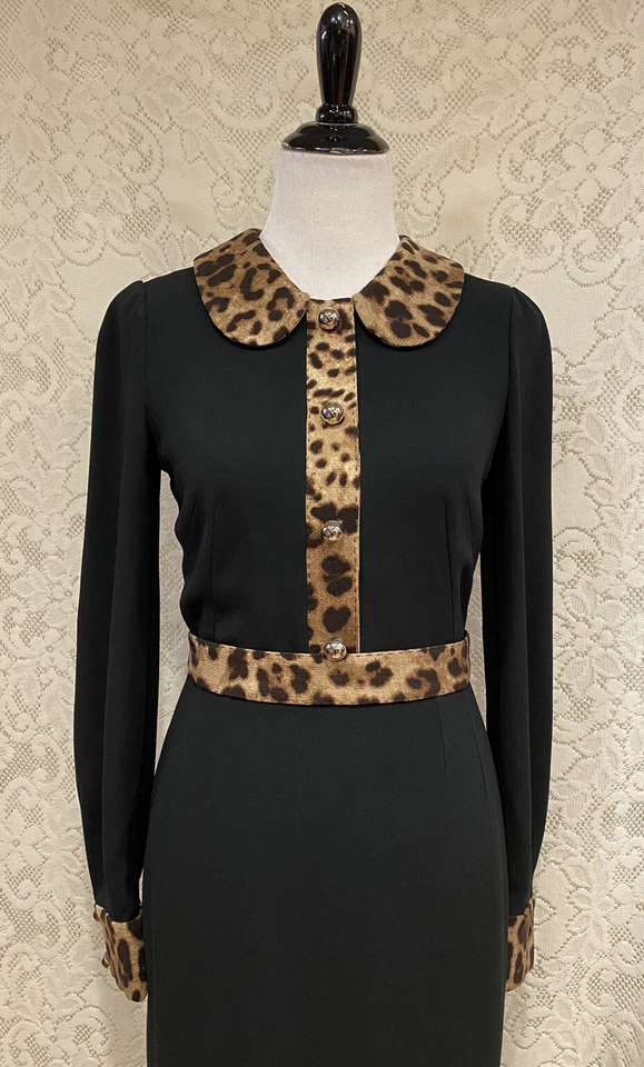 Vestido G2U Dolce Gabbana Manga Larga Negro con Borde de Leopardo Cady Talla 42 EE. UU. 46 Foto 4 de 4