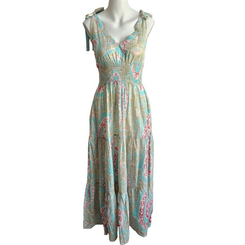 La Plage Tiered Ruffle Maxi Dress Block Print 100% Cotton Pockets Sz XS