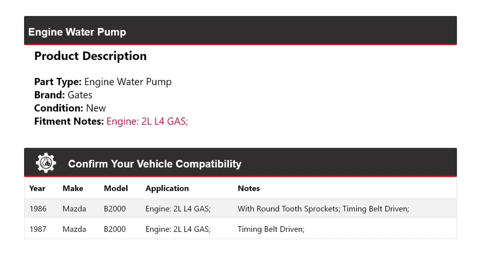 Puertas de bomba de agua con motor de gas 2L L4 para Mazda B2000 1986-1987 Foto 2 de 4