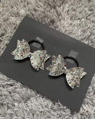 Set Of 2x 3 Inch Blue Ice Glitter Children's Hair Bows