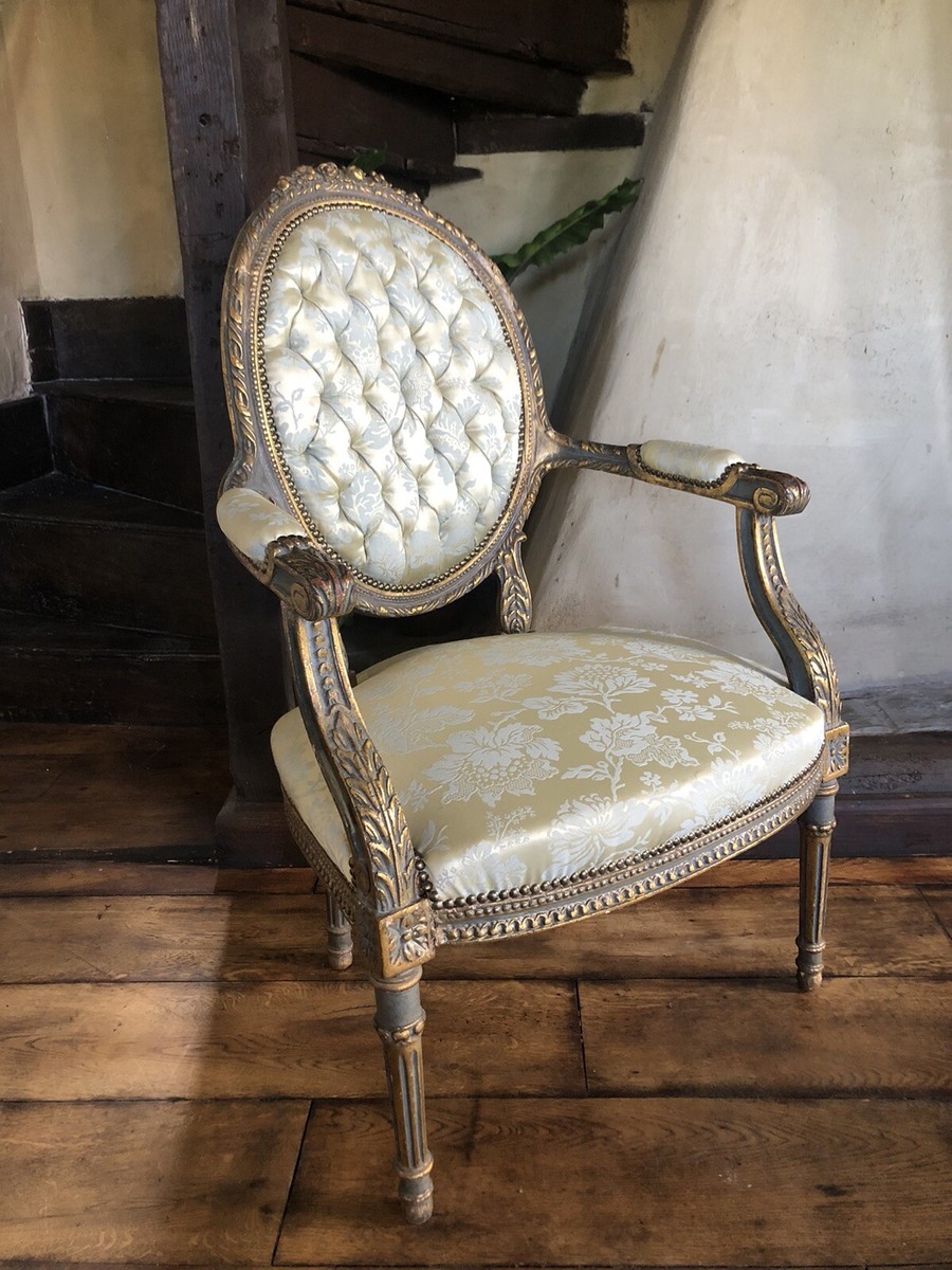 Antique Vintage French Louis XVI Gold Duck Egg Cream Bedroom Salon Arm Chair