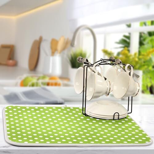 Dish Drying Mat for Kitchen White Polka Dot Mint Microfiber 16x18(in)x1 Green - Picture 5 of 7