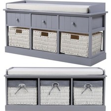 Retro Wooden Wicker Basket Hallway Bench Storage Cabinet Shoe Stool Window Seat