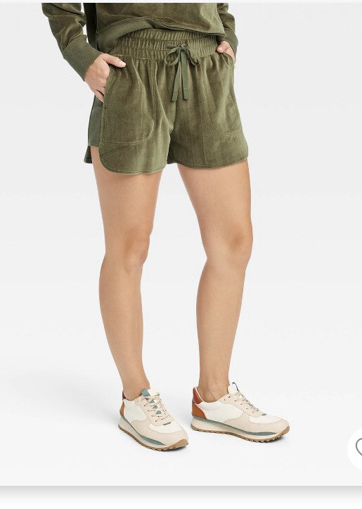 JoyLab womens Mid-rise velour shorts - 3 Inches -Olive green sizes