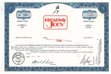 Broadway Joe's 1969  Joe Namath Restaurant stock certificate