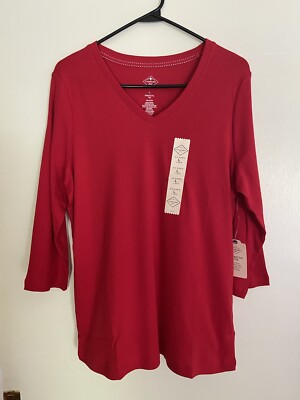 St. John s Bay V Neck~3/4 Sleeve~Cotton Top~Red~Size Large~NWT