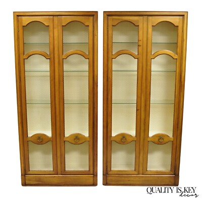 Vintage Baker Hollywood Regency Cherry Wood 2 Door Curio Cabinet Bookcase - Pair