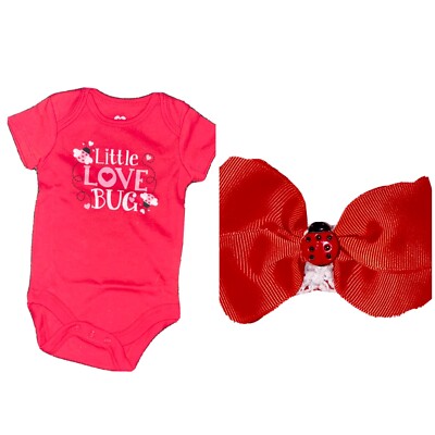 Baby Girls Valentine's Day Little Love Bug Bodysuit + Matching Bow 0-3 Months