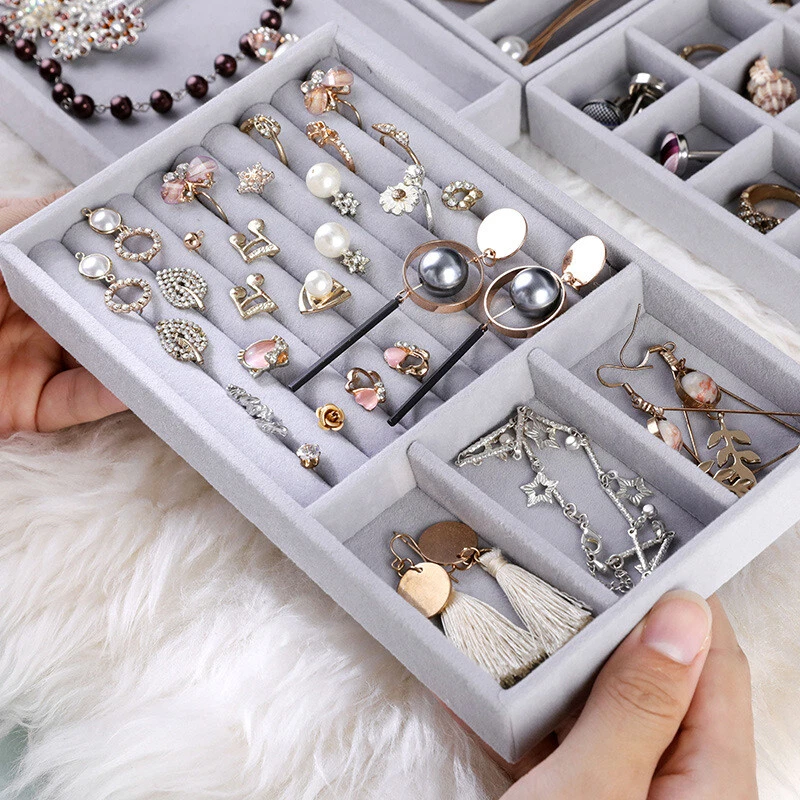 Velvet Earrings Rings Bracelet Tray Jewelry Display Drawer Organizer  Storage Box