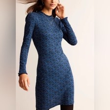 Boden Blue Black Rose Print Long Sleeve Mock Neck Ruffle Trim Dress US 10L