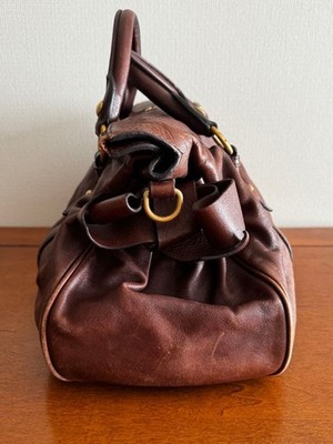 Miu Miu Vitello Lux 2-Way Side Ribbon Handbag Bag Dark Brown