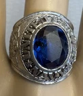 Vintage Pride Sterling Silver USN Navy Ring Blue Glass Gemstone Signet size 9