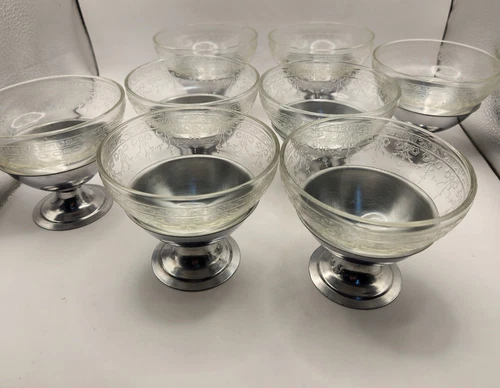 Vintage Dessert Cups -Depression Glass Sherbet Dishes Set in Stainless Steel - 8