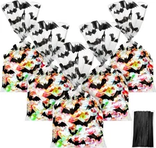 HESTYA 50 Counts 15 x 25 cm Cellophane Treat Bags - Block Bottom Pumpkin Bat 