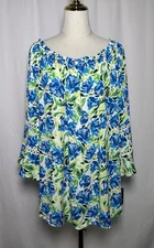 I.N. Studio Blouse Tunic Shirt Top 1X Women 3/4 Bell Sleeves Pleated Blue Yellow