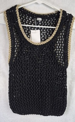 H&M Divided Crochet Sequin Tank M Black Gold Sheer Crop Festival Boho Top