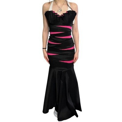 Sz 2 90s/ Y2k Vtg Betsy & Adam Black Hot Pink Gown Prom Mermaid Punk Emo Goth