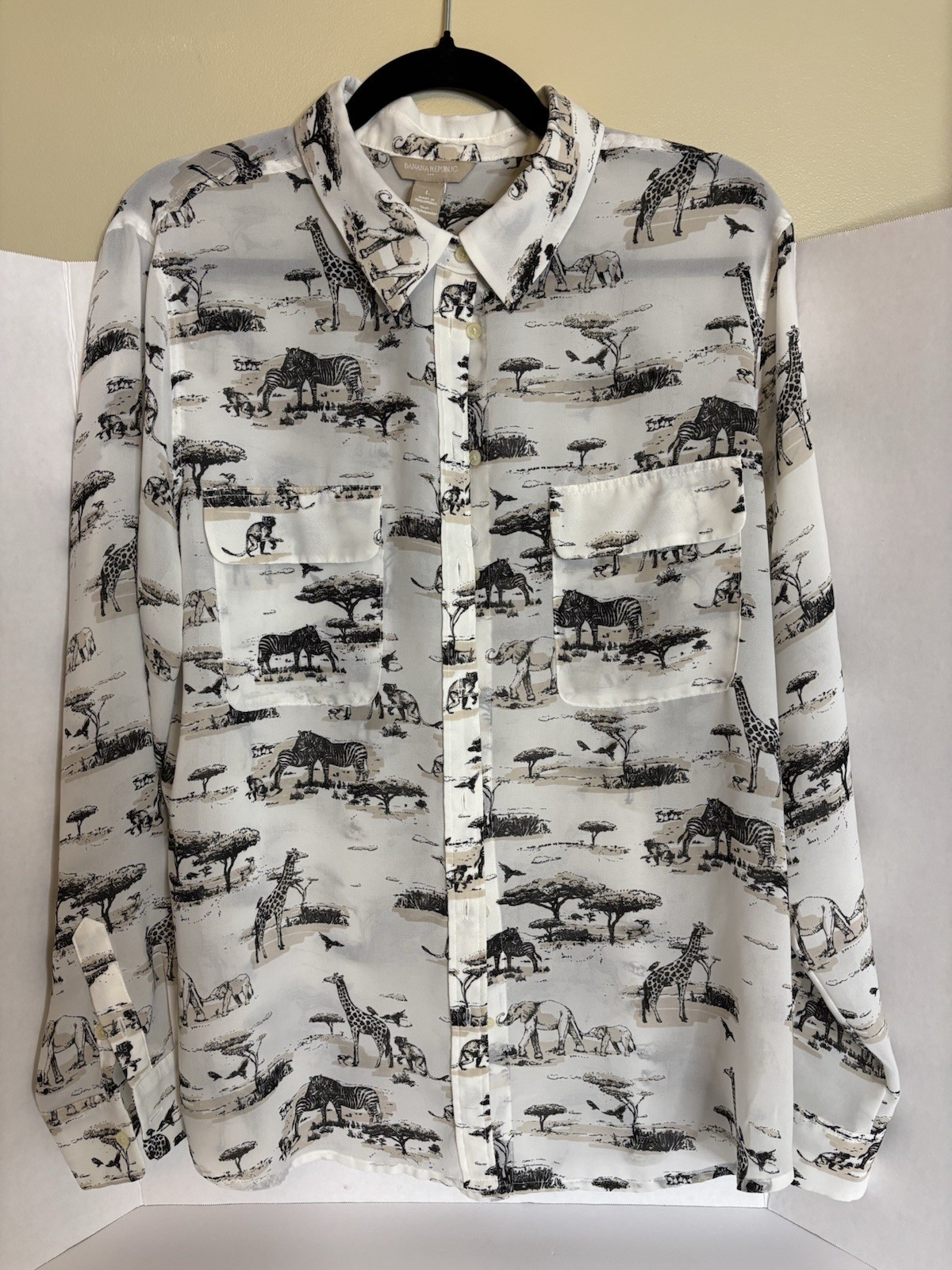 Banana Republic Animal Print Satin Button-Up Blouse, 100% Polyester, Size L