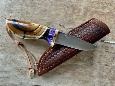 Outdoor Jagd Messer EDC  Unikat Fossiler Griff 🦣Stoß🦷 Sattellederscheide - Bild 1 von 4