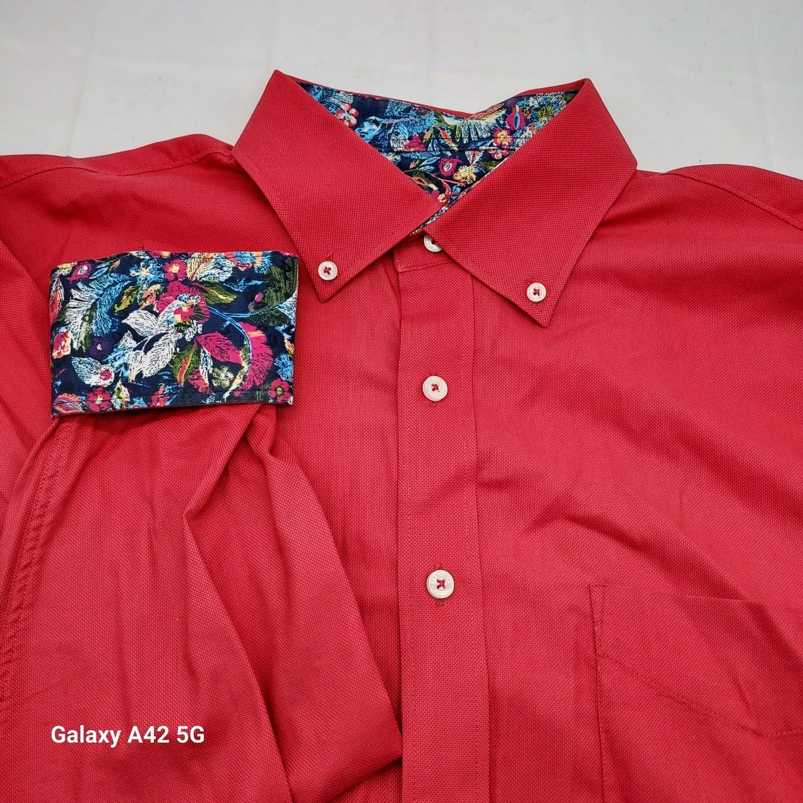 Alain Flusser Mens Red Button Down Shirt Floral Contrast Cuffs Stretch Large