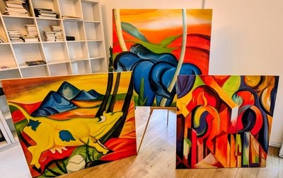 3 Gemälde - Homage an Franz Marc - Acryl - 100 cm x 100 cm - Der blaue Reiter