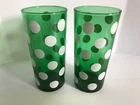 2 Vintage ANCHOR HOCKING 6” Forest Green & White Polka Dot Glass TUMBLERS