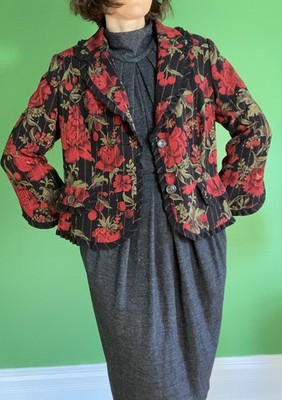 Escada Y2k Cherries Flowers Wool Blend Black Red Blazer Large