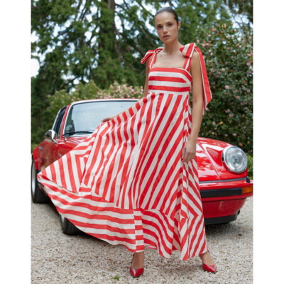 Women's Striped Printed Fresh and Sweet Fashion Trend Lace Up Large Hem Dress