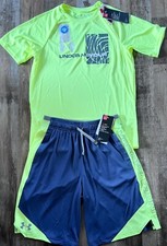 NWT Under Armour Boys YLG Light Yellow/Gray/White Print Shirt  Shorts Set Large