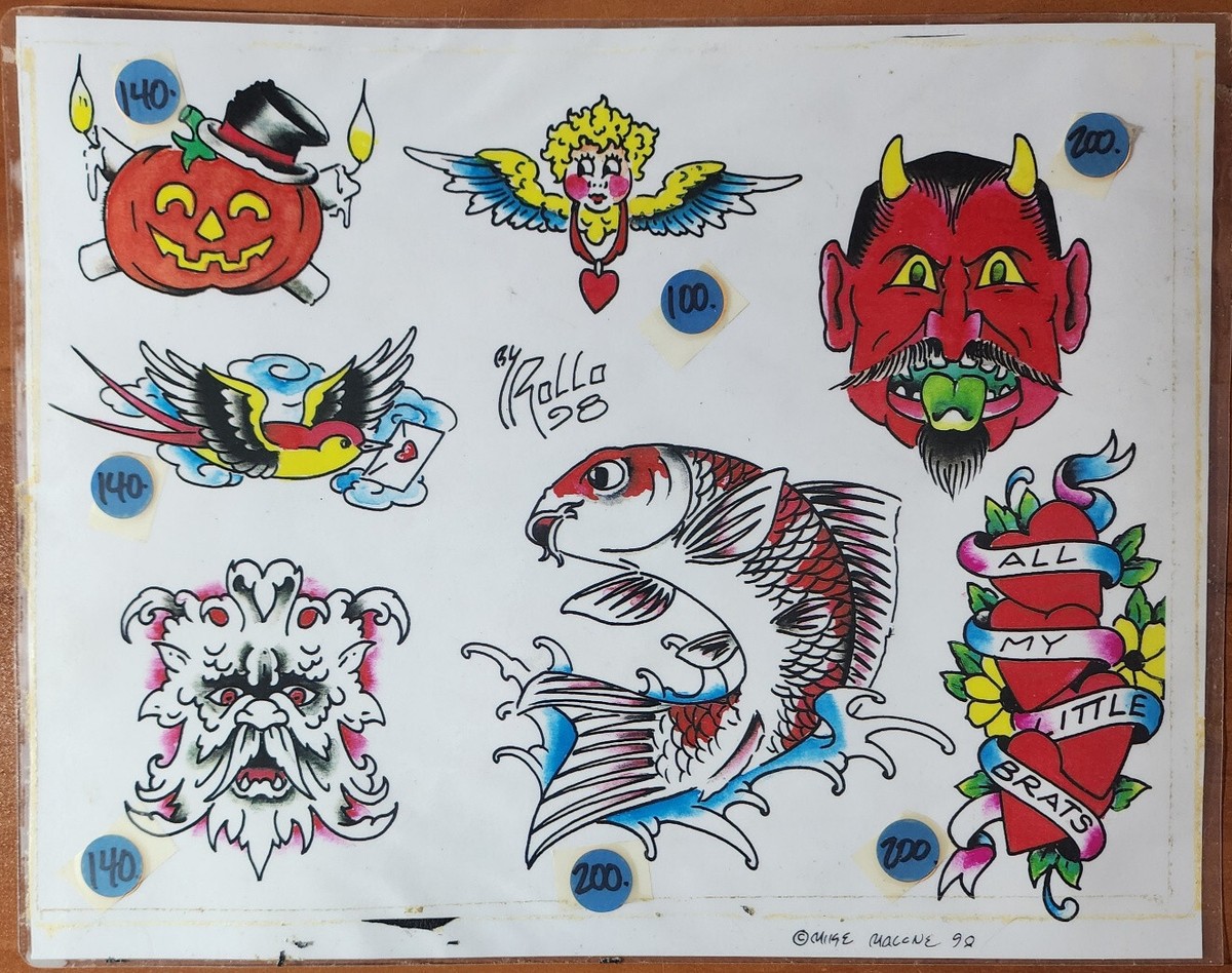 VINTAGE Traditional 1998 Mike Rollo Malone Tattoo Flash Sheet Shop