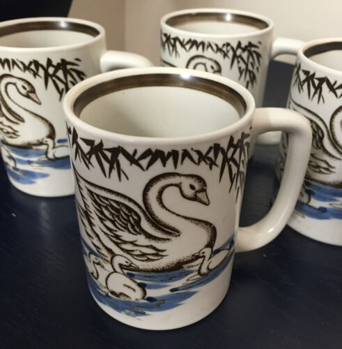 Set of Four Otagiri Swan Mugs Blue Brown Bamboo VTG Japan Made 1960s Rare find - Picture 2 of 5