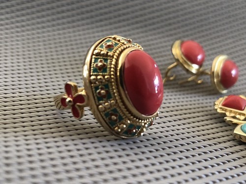 Coral & Turquoise14K GP Set Necklace Earrings and Ring Gold Chain, Cord Necklace - Bild 5 von 12