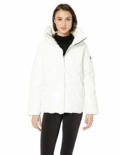 White Funnel Neck Shiny Puffer Jacket 