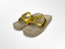 New Women's Gucci Interlocking GG Gold Cut Out Slides Slip Ons Sandals Sz 40