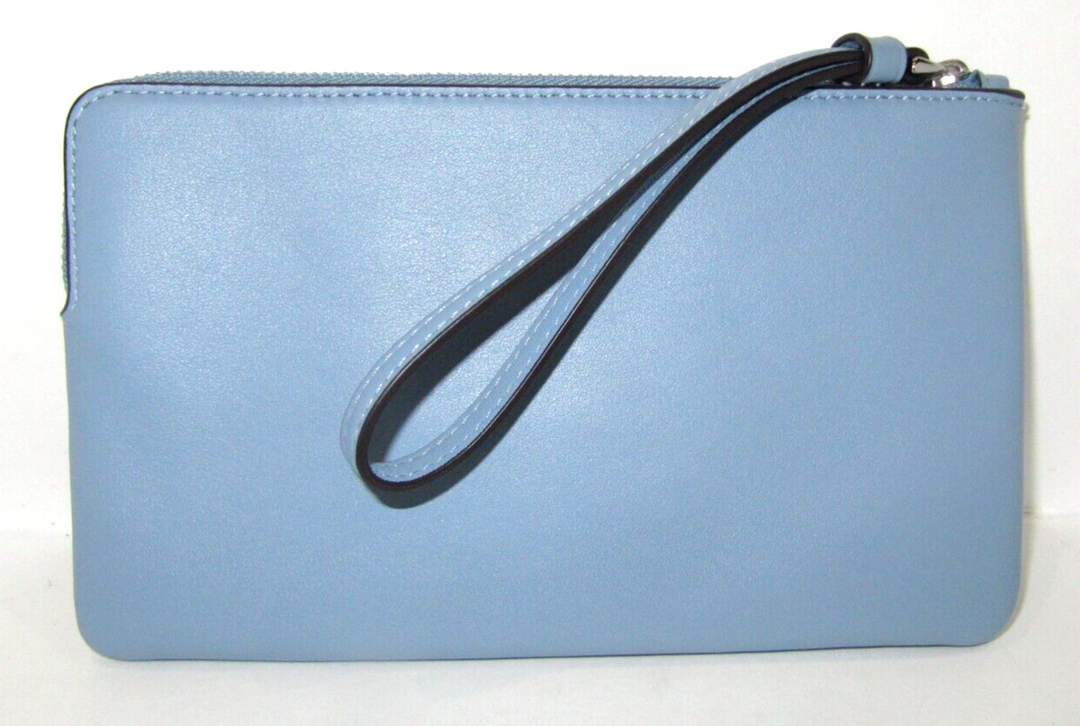 Coach CR392 Large Corner Zip Wristlet Light Blue Smooth Leather 
