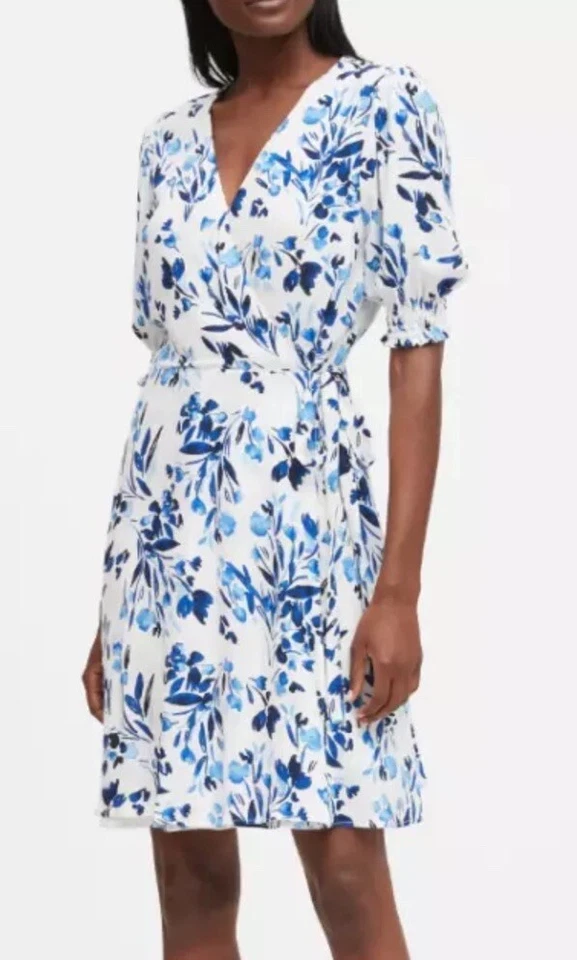 Banana Republic Floral Dress Women’s 10 Large White Blue V Neck Wrap Mini - Image 2 of 4