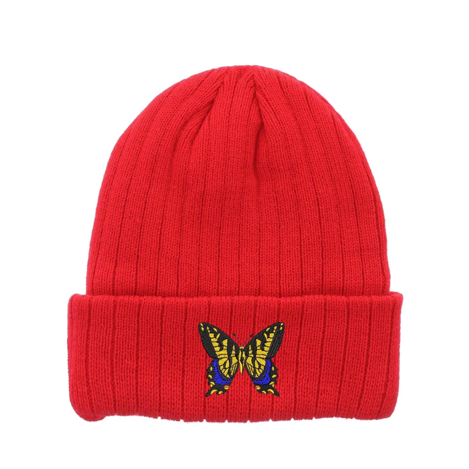 Swallowtail butterfly embroidered fleece beanie hat, insulated winter beanie hat