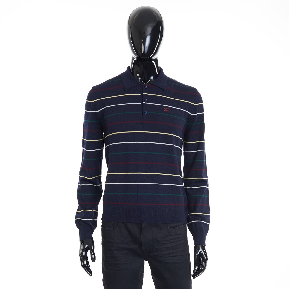 CELINE 1150$ Navy Blue Striped Polo Shirt - Embroidery, Fine Wool 