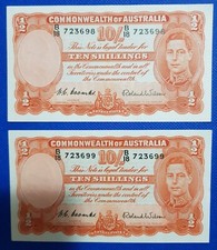 1952 AUSTRALIAN COOMBS/WILSON TEN SHILLINGS aUNC CRISPYPAIR CONS. B/18 723698_99