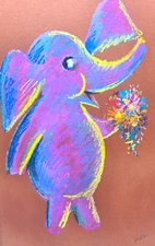 ELEPHANT W/BOUQUET Rosalind Welcher signed original art c1960s-70s Panda Prints