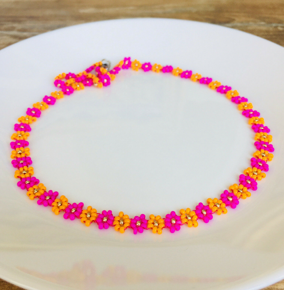 Fuschia orange daisy chain seed bead necklace, Hot pink floral