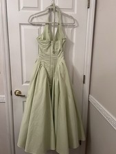 House of CB Light Green Twill Cotton Fit & Flare Halter Long Dress Zip XS
