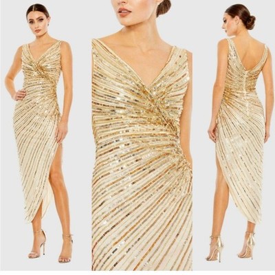 New | Mac Duggal 5757 Gold Sequined High-Low Faux Wrap Sleeveless 8