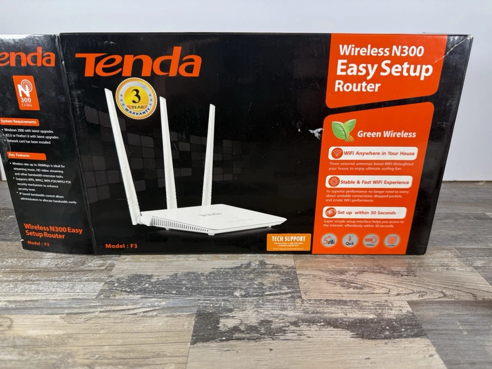 Tenda F3 Wireless Router N300 300 Mbps 3 Antennas Streaming HD White New Sealed - Image 2 of 4