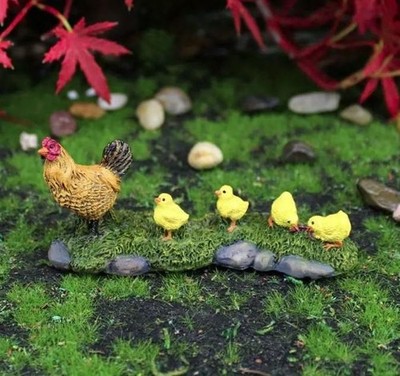 Miniature Dollhouse Fairy Garden Hen w/ Baby Chicks on Grass - Buy 3 Save $5
