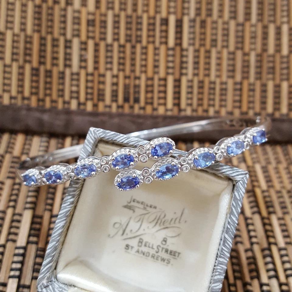 Pulsera de plata de ley 925, brazalete de tanzanita genuina, 7,6", muñeca grande  Foto 2 de 4