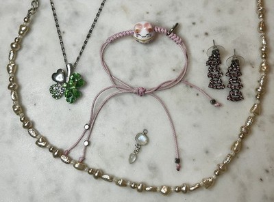 Kleeblatt Halskette Glück Reichtum Kunstperlen Chinesisch Rosa Glückskatze Armband Konvolut